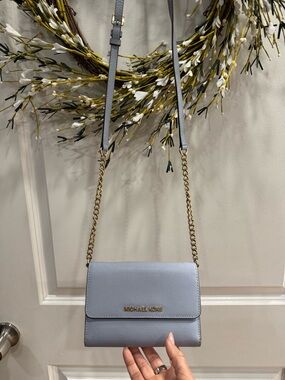 Michael Kors Light Blue Saffiano Crossbody with Gold Chain
